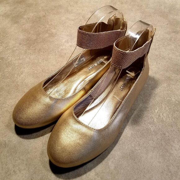 Nine West Womens Floycee Size 5 Gold Slip On Ankle Strap Ballet Flats - Picture 3 of 10